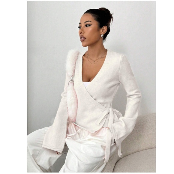 White Wrap Tie Side Cardigan Long Sleeve V-Neck - Picture 5 of 9